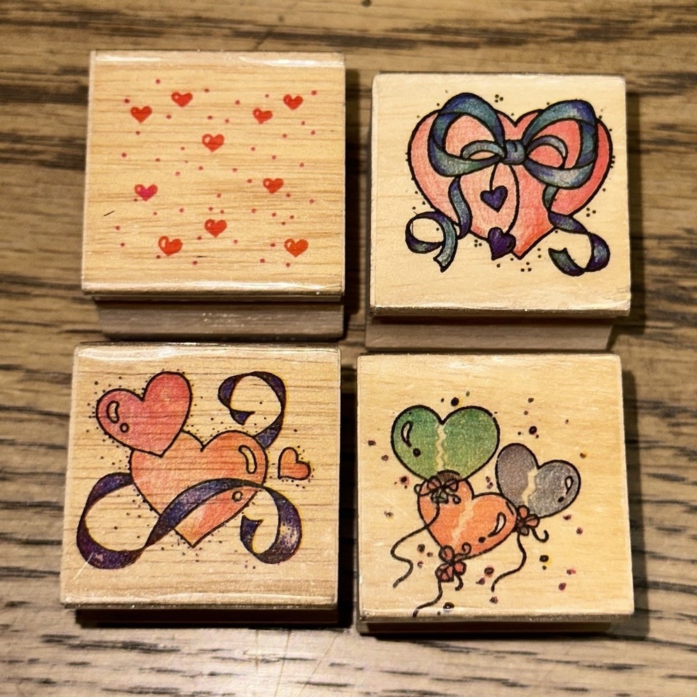 Vintage 90's Hearts Love Valentine's Balloons Wood Mounted Rubber Stamp Lot Of 4
